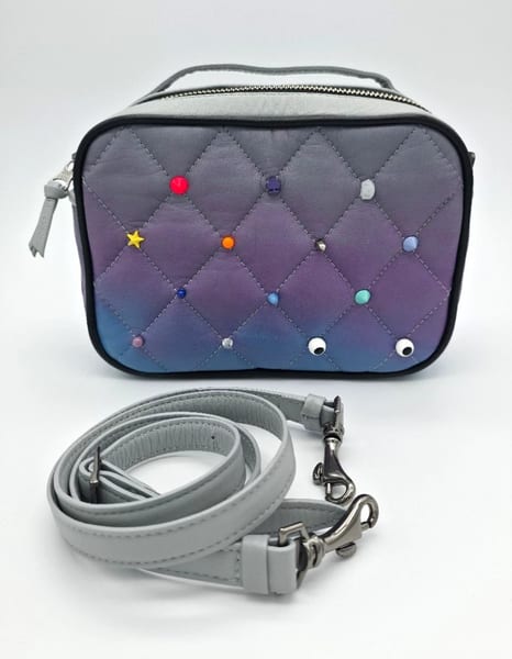 Min & Mon Quilted Studded Zip Crossbody Bag Purple Blue Gray