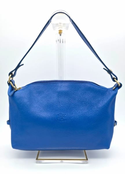 Il Bisonte Blue Pebbled Leather Zip Shoulder Bag Gold Hardware