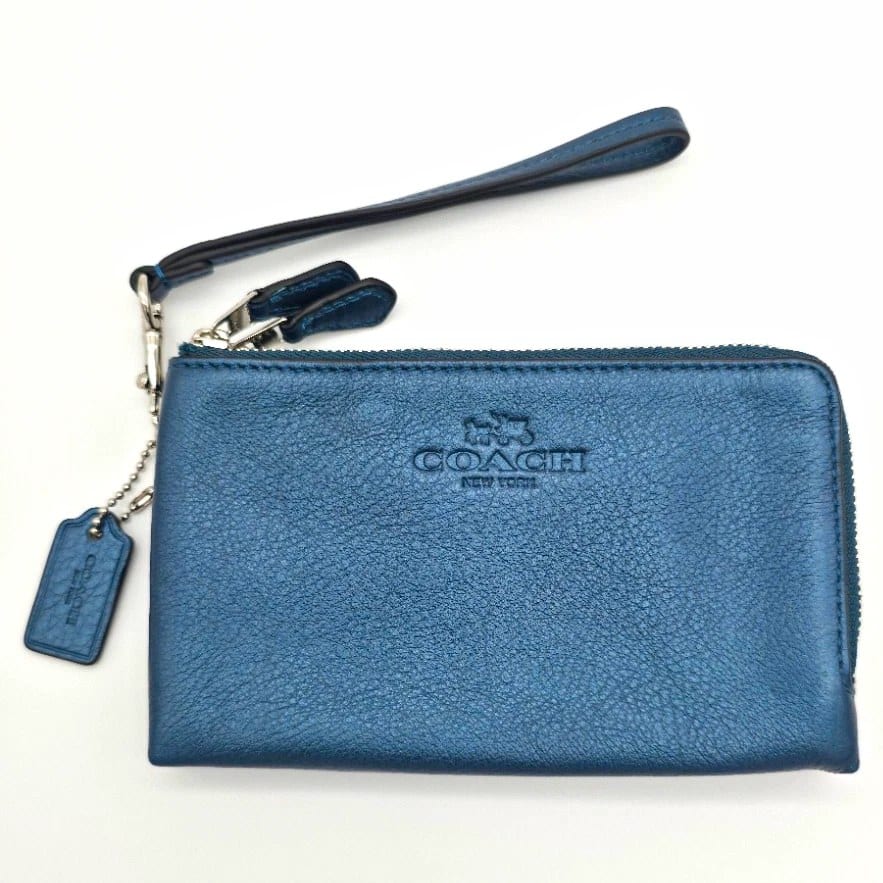 Coach Blue Leather Double Zip Wristlet Wallet, Wrist Strap, photo 1 of 12