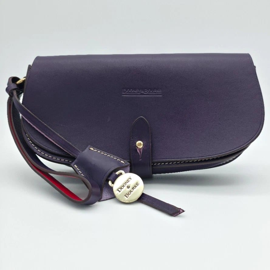 Dooney & Bourke Purple Leather Wristlet Red Lining Silver Hardware Charm, photo 1 of 10