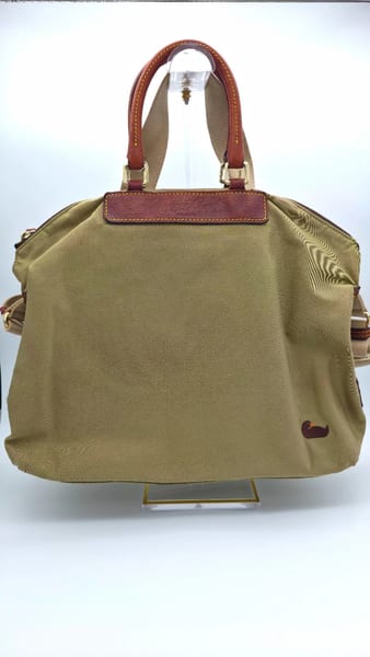 Dooney & Bourke Medium Green Canvas Satchel Vacchetta Leather Trim Pink