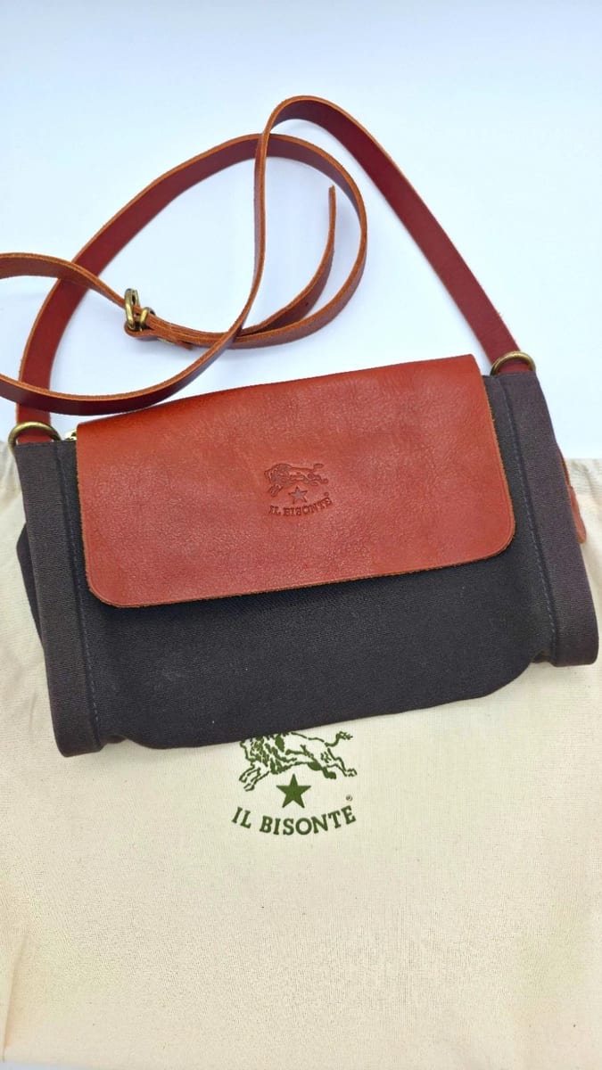 Il Bisonte Leather Canvas Zip Shoulder Bag Brown Gray + Dust Bag, photo 1 of 9