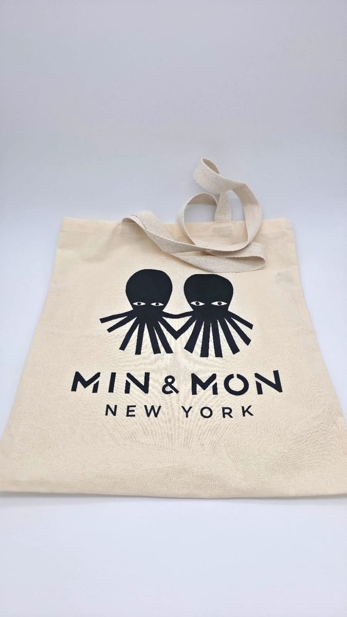 Min & Mon New York Beige/Black Canvas Reusable Shopping Tote Bag, photo 1 of 2