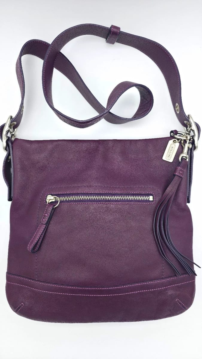 Coach Plum Pebbled Leather Medium Crossbody Silver Tassel Zip, photo 1 of 10