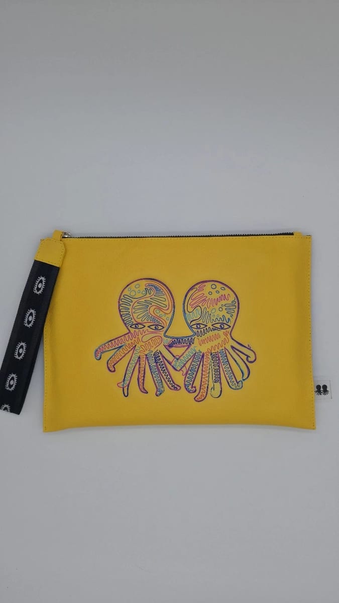 Min & Mon Fidelio Yellow Leather Pouch - Octopus Embroidery, photo 1 of 7